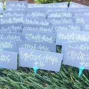 Skinny Pen Script on Gray Place Cards